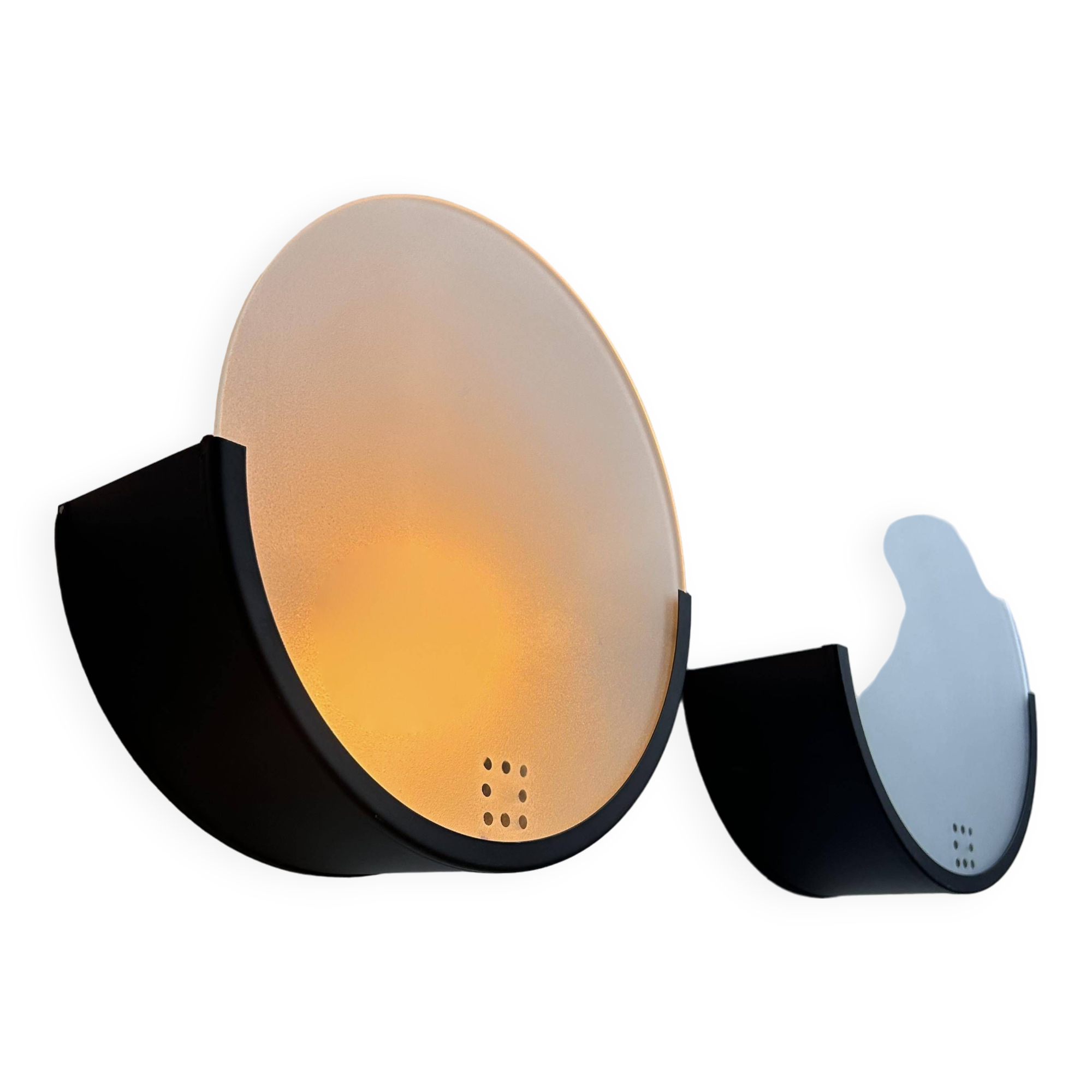 Pair of vintage geometric wall lights, black metal and sandblasted glass, Delmas France 1970