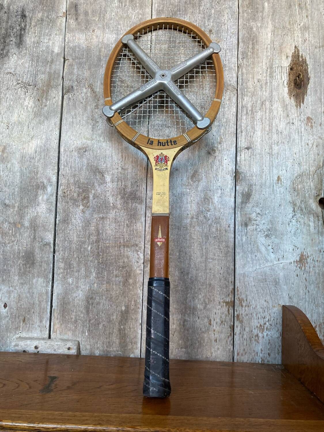 Old Tennis Racket LA HUTTE Imperial Wood + Zephyr Metal Protection #B766