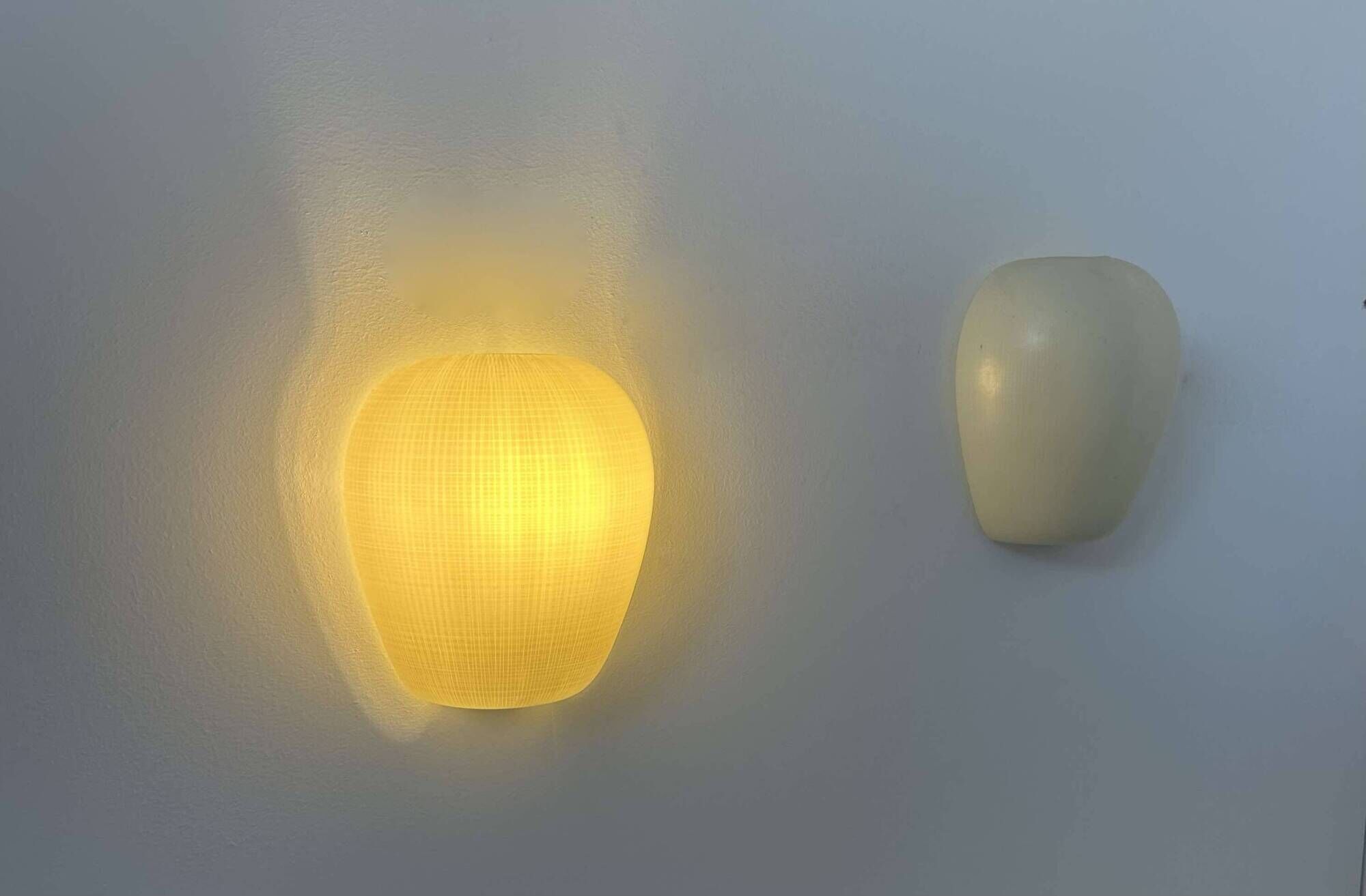 Pair of vintage wall lights, striated opaline white glass, France 1950