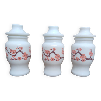 lot of 3 vintage apothecaries pots in opaline with cherry blossoms