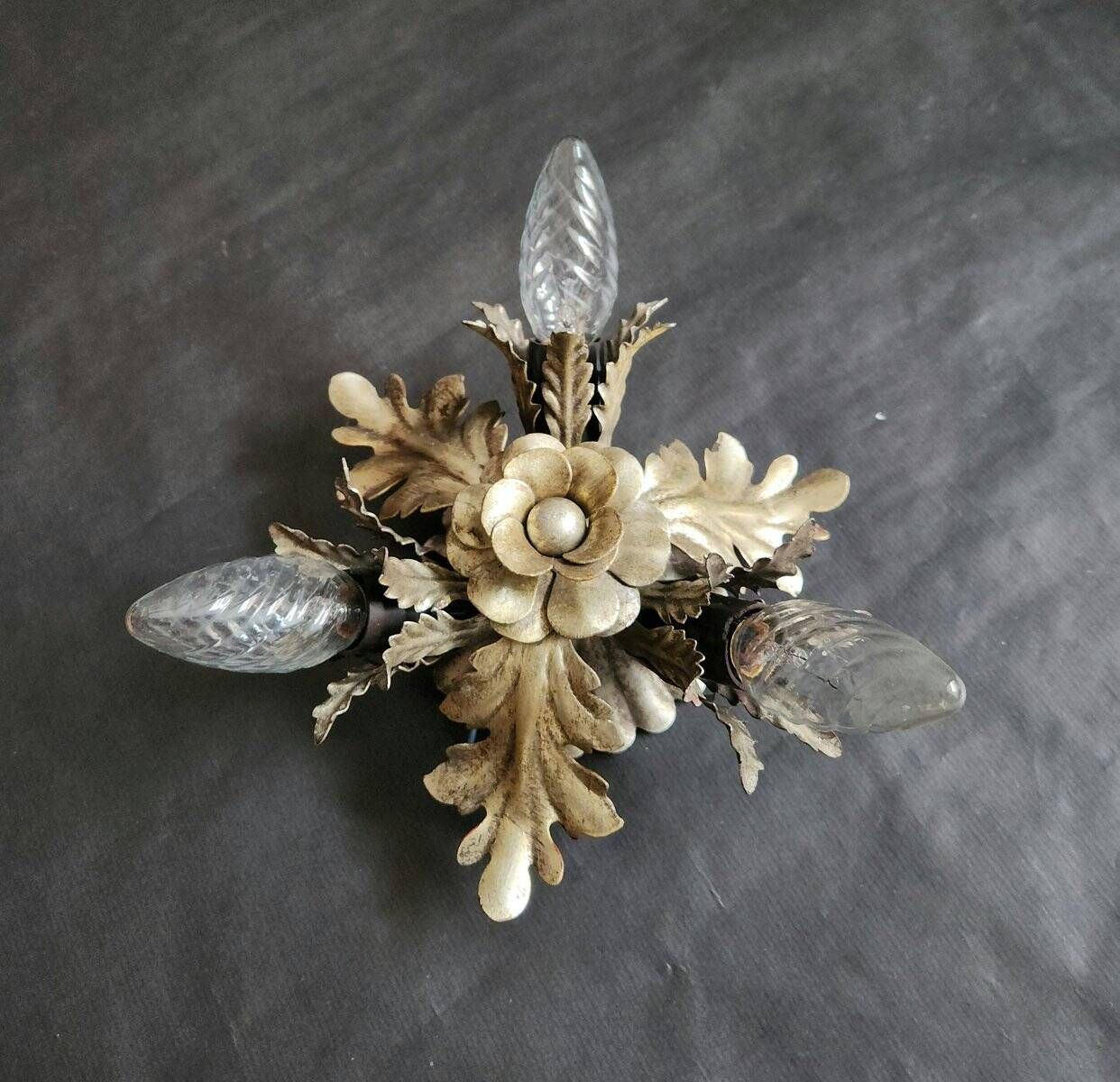 Vintage Florentine floral hand-forged silver-plated 3-light flush mount from Banci Firenze, Italy, Florence 1960s, set of 5