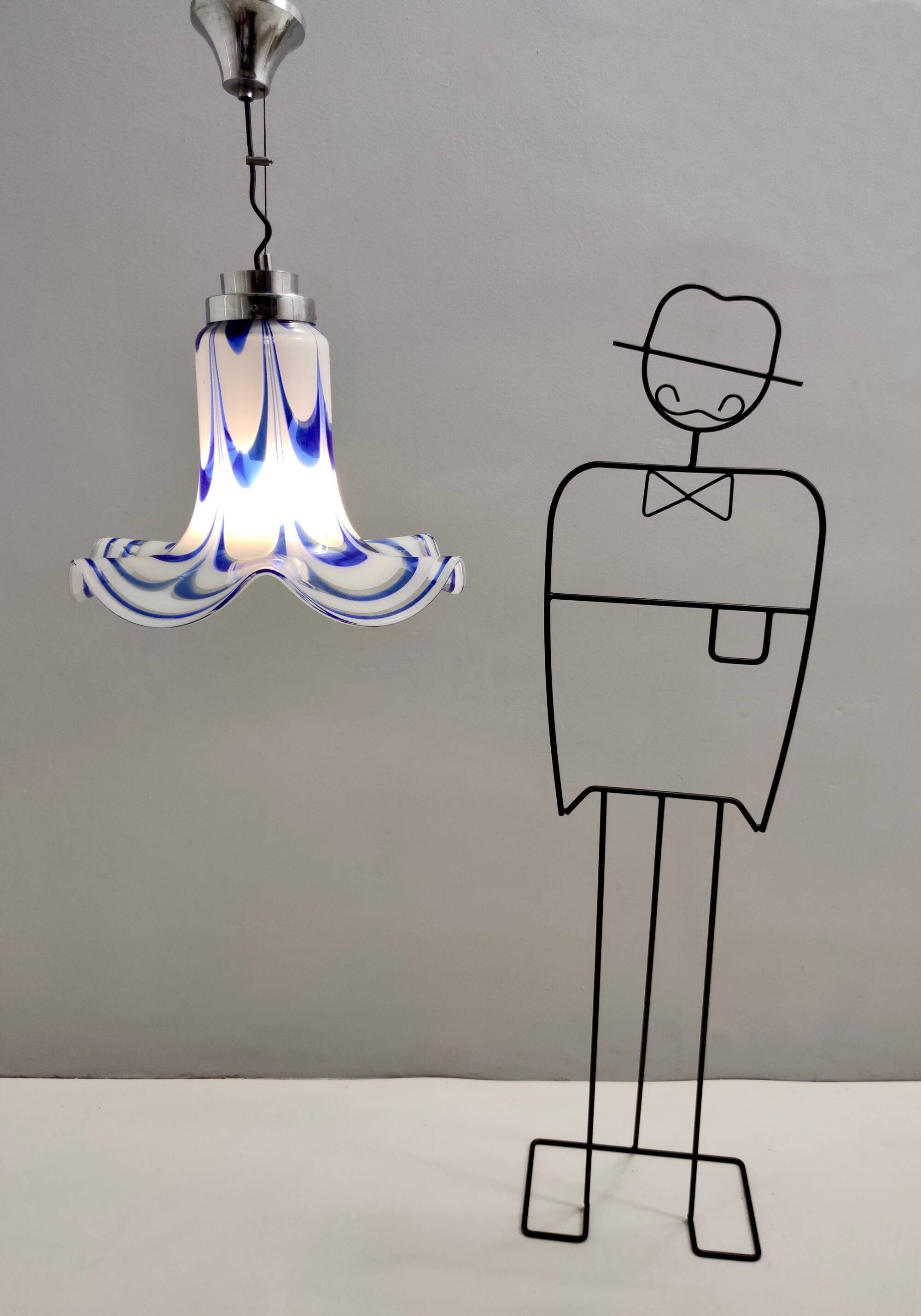 Blue & White Murano Glass Bell Pendant Ascribable to Mazzega, Italy, 1970s