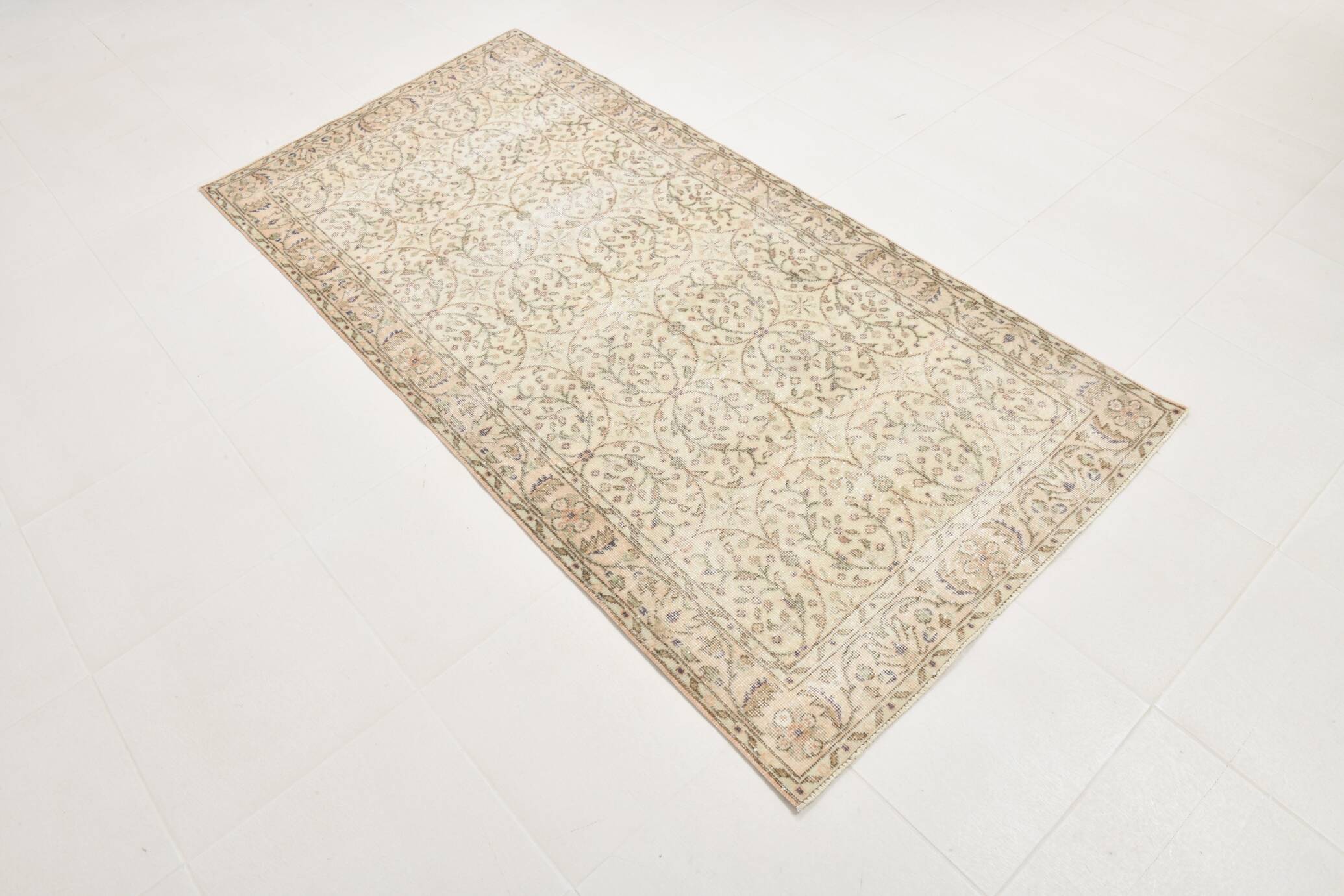 3x7 Brown Cream Floral Handmade Vintage Rug, 105x211Cm