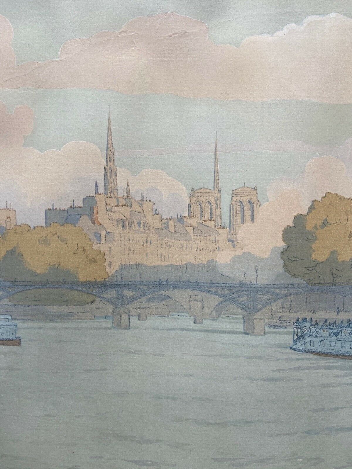 Lithograph Henri Riviere, l'institut et la cite serie paysages parisiens