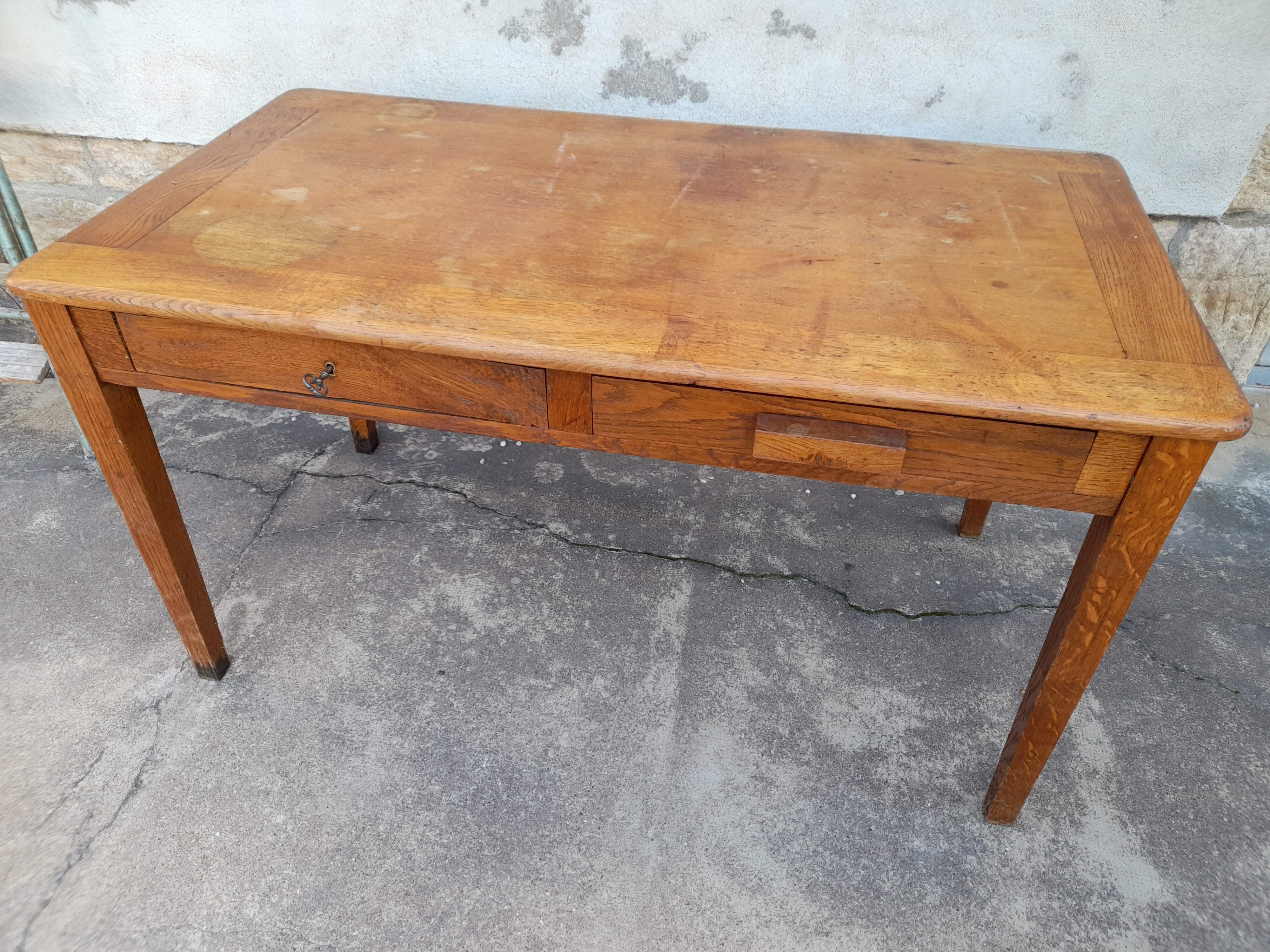 Oak desk table 1950 2 drawers -1m30