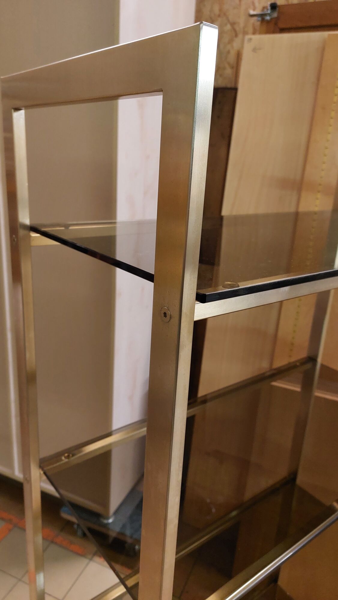 Vintage shelf in smoked glass and golden brass - 1970s