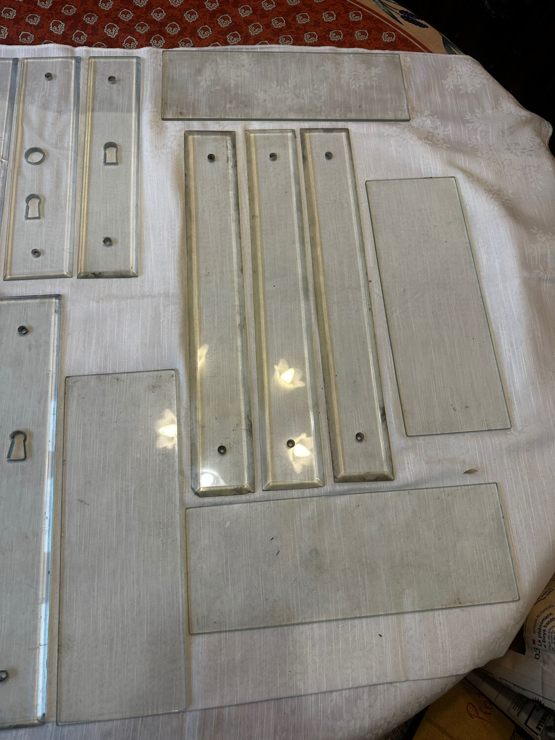 11 bevelled glass cleanliness plaques + 4 Art Deco glass plaques