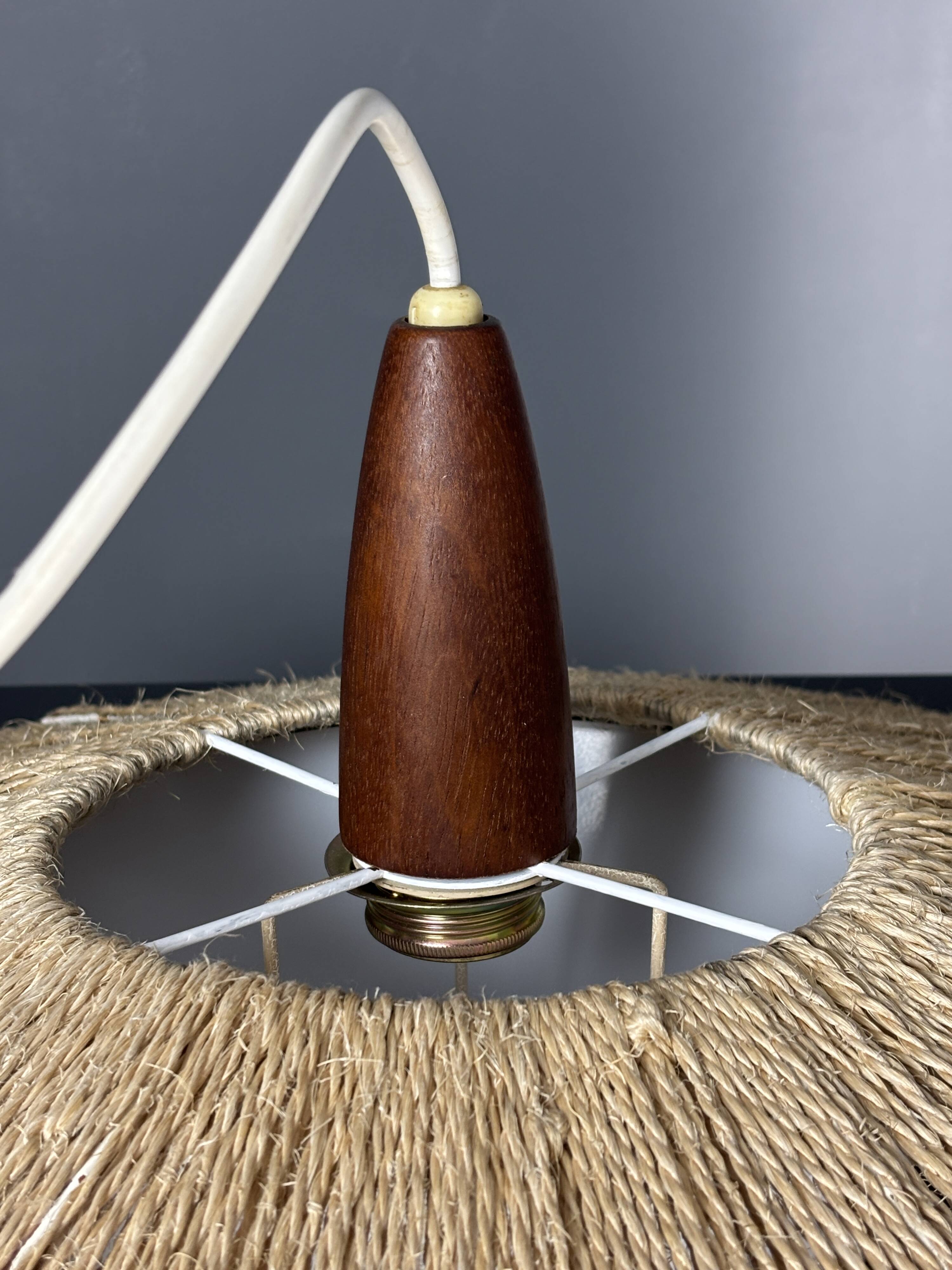 Large Mid-Century Teak and Sisal Cord Hanging Pendant by Temde Leuchten,60s