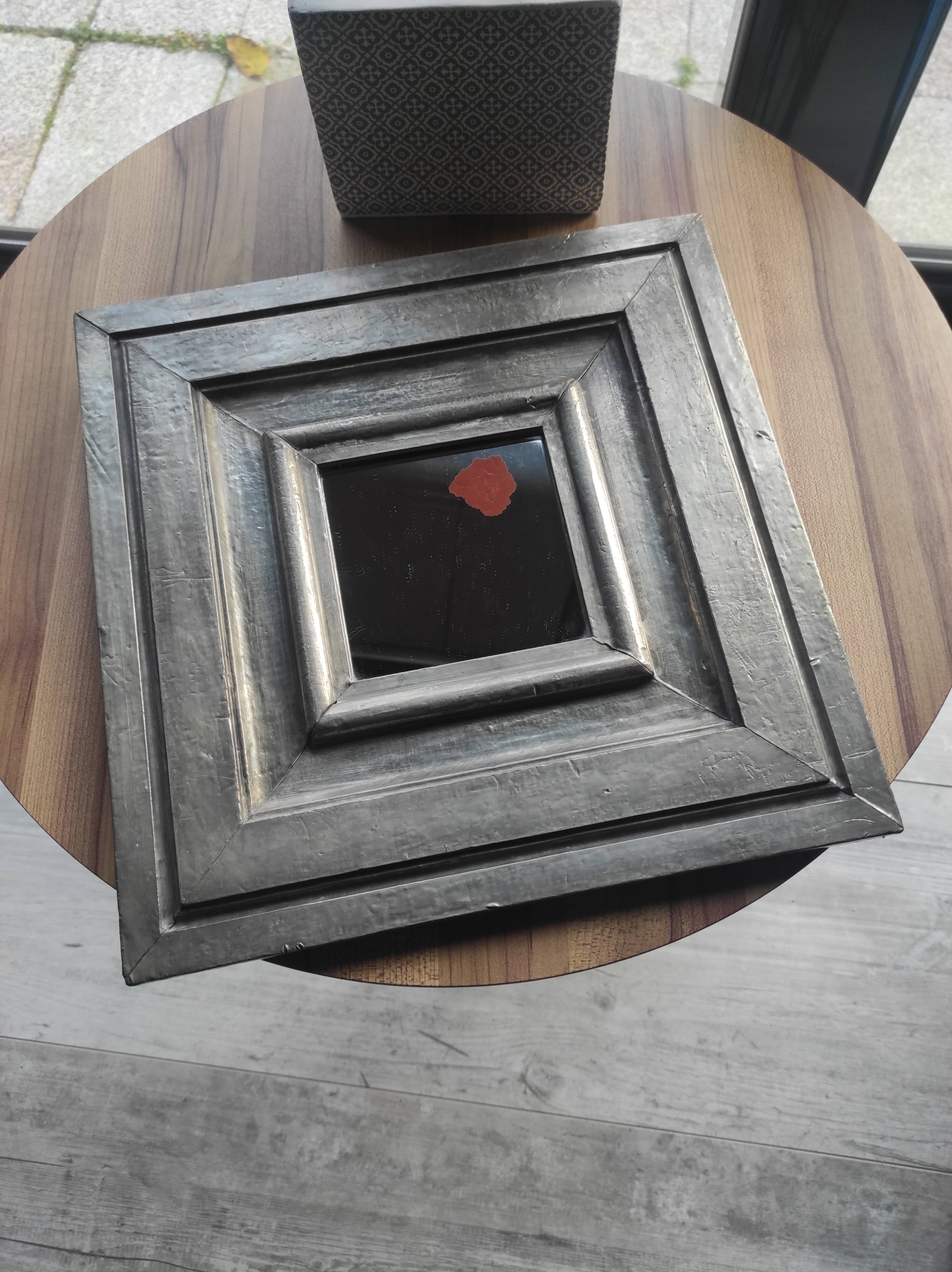 Vintage square mirror in wood covered with metal leaf, moldings in relief