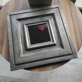Vintage square mirror in wood covered with metal leaf, moldings in relief