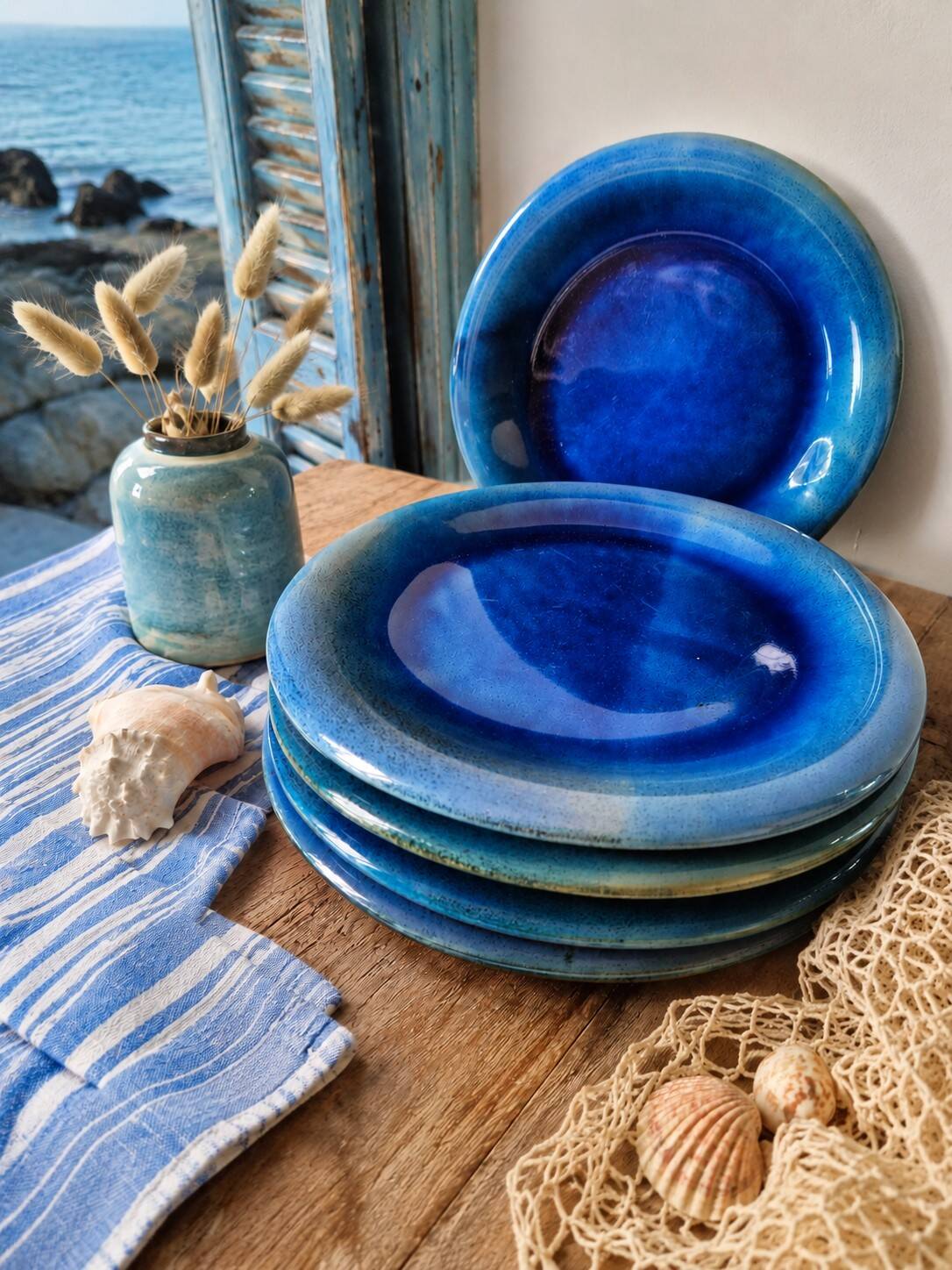 6 assiettes en grès émaillé – bleu cobalt & turquoise
