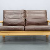 1970s L. Olsen & Søn Oak and Leather 2-Seater Sofa, Denmark