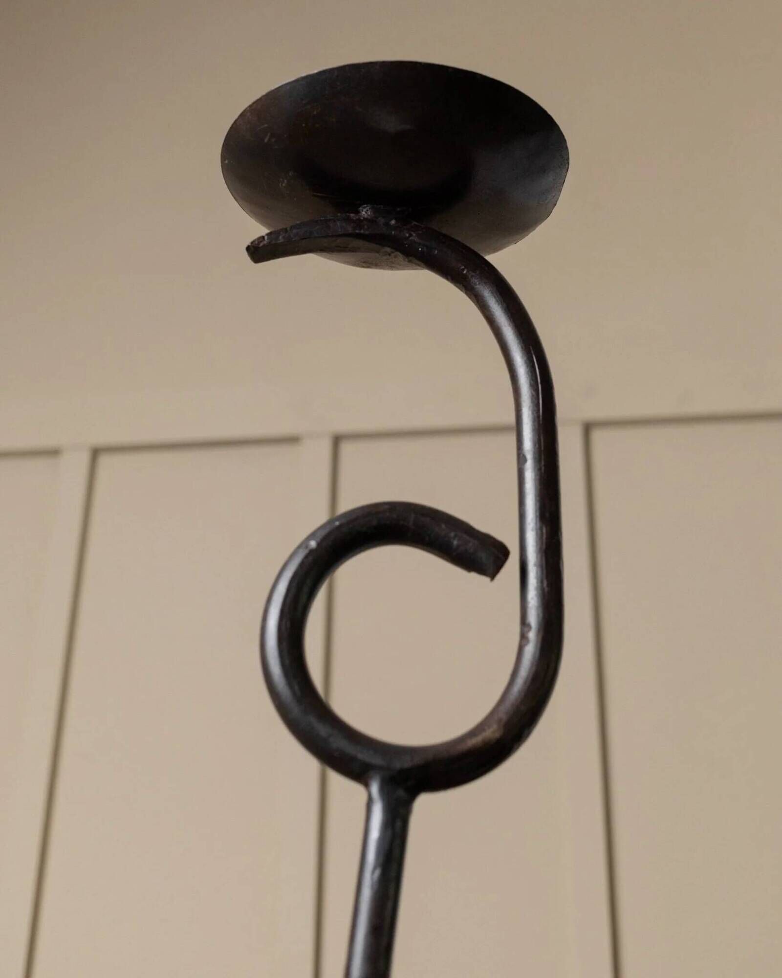 XXL vintage hand-forged iron candlestick, black iron, brutalist wave design, Made in Italy 1970s