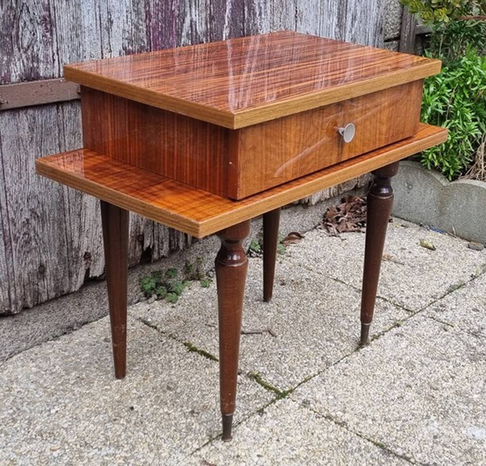 Small varnished wood nightstand, 1950s.