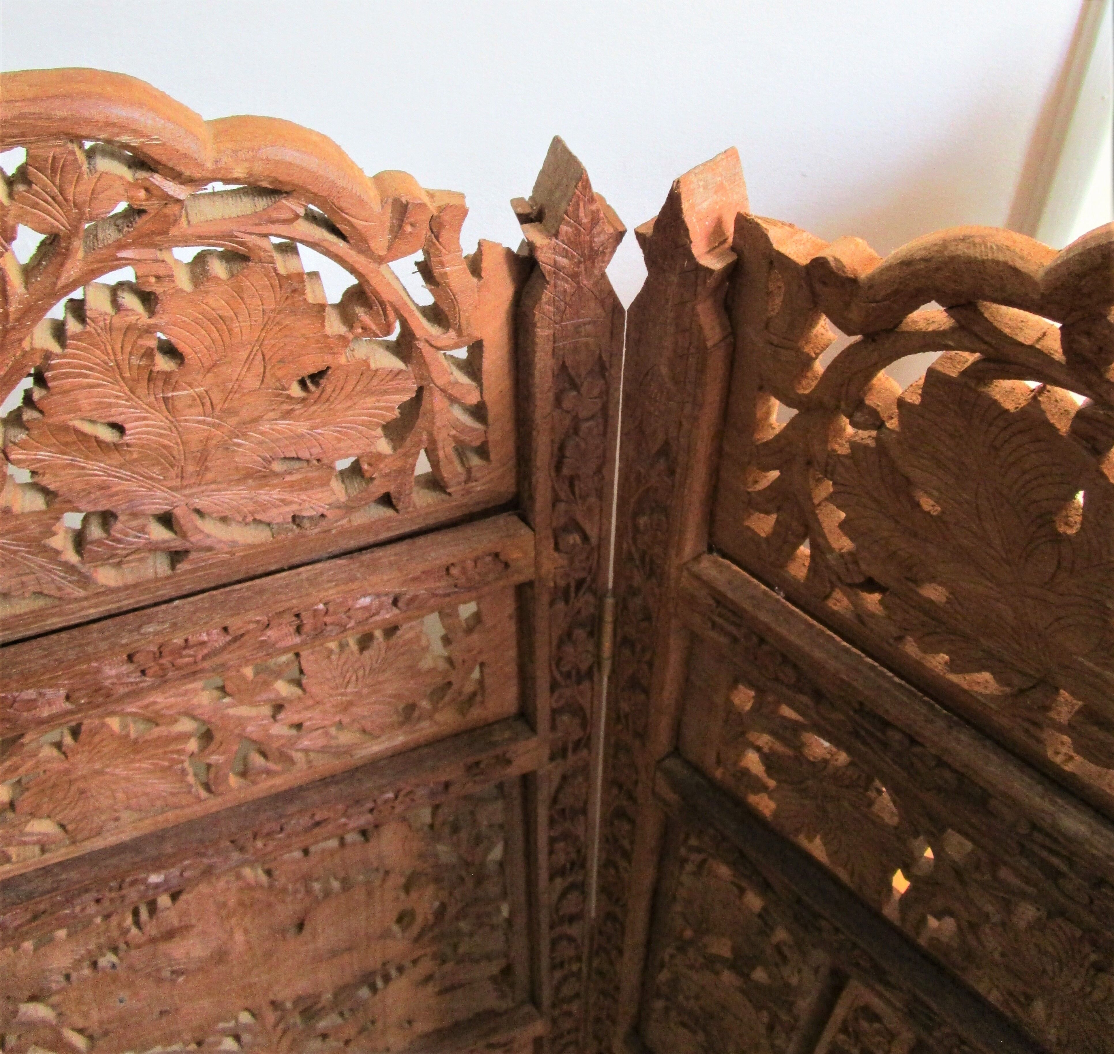 Solid wood screen carved four vintage panels height 98 cm