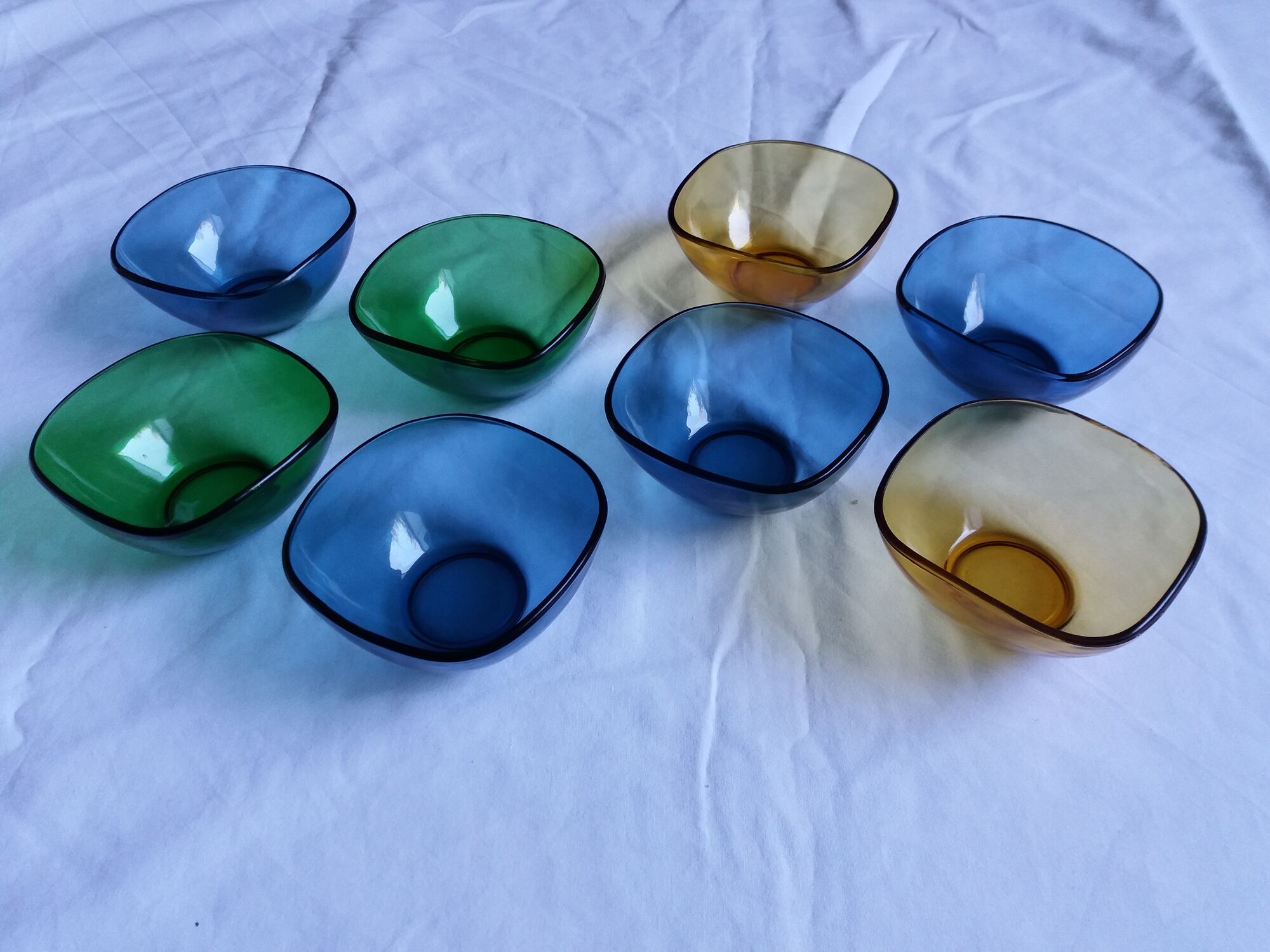 Vereco amber, blue and green glass cups set of 8