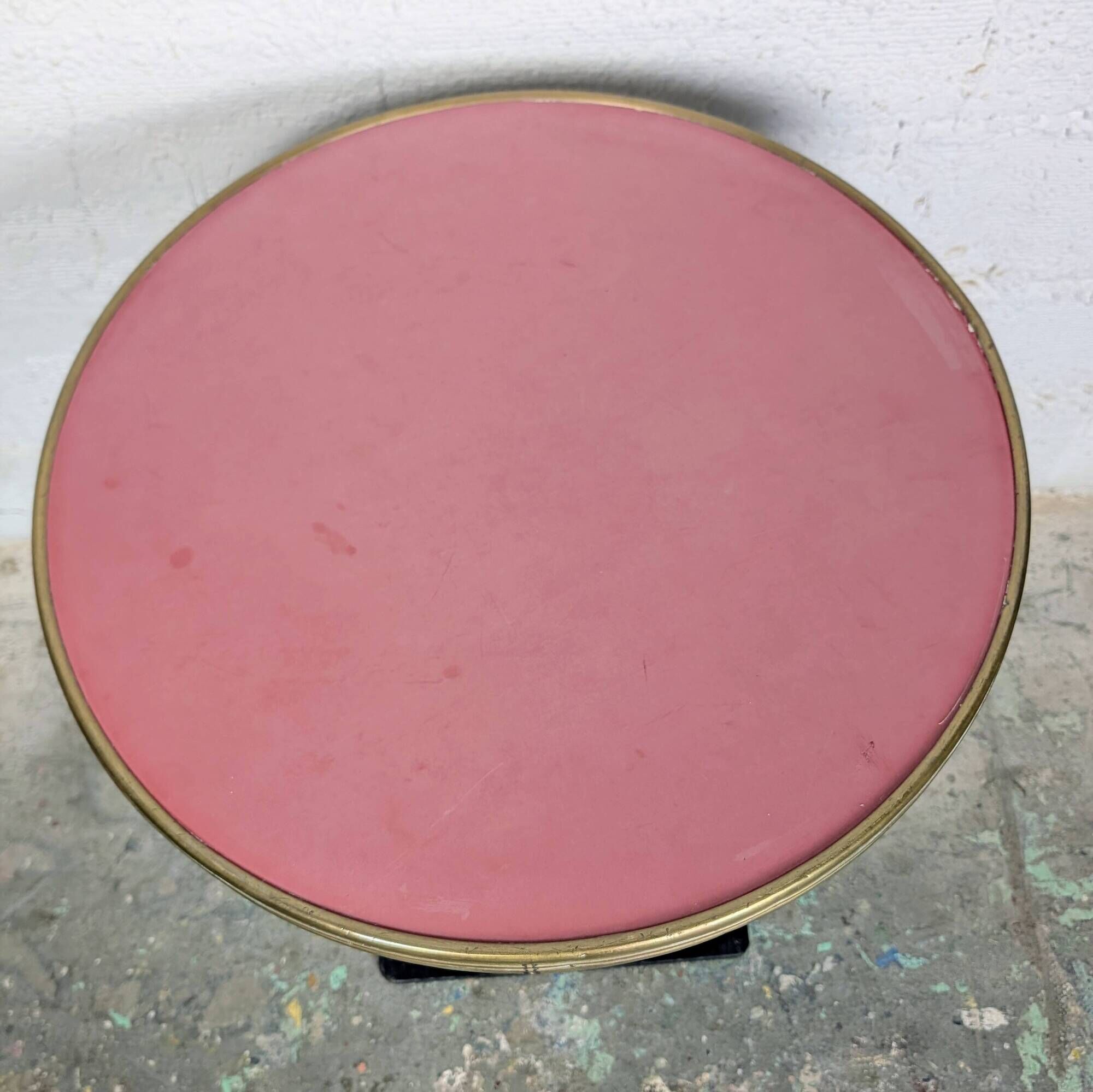 Pink and brass bistro table, Art Deco pyramidal base.
