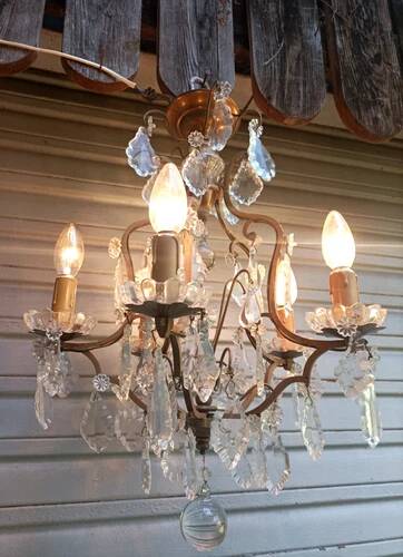 Rare antique brass and crystal cage chandelier with 5 lights from the 20th century - CONDITION OF THE MARKET GAU?