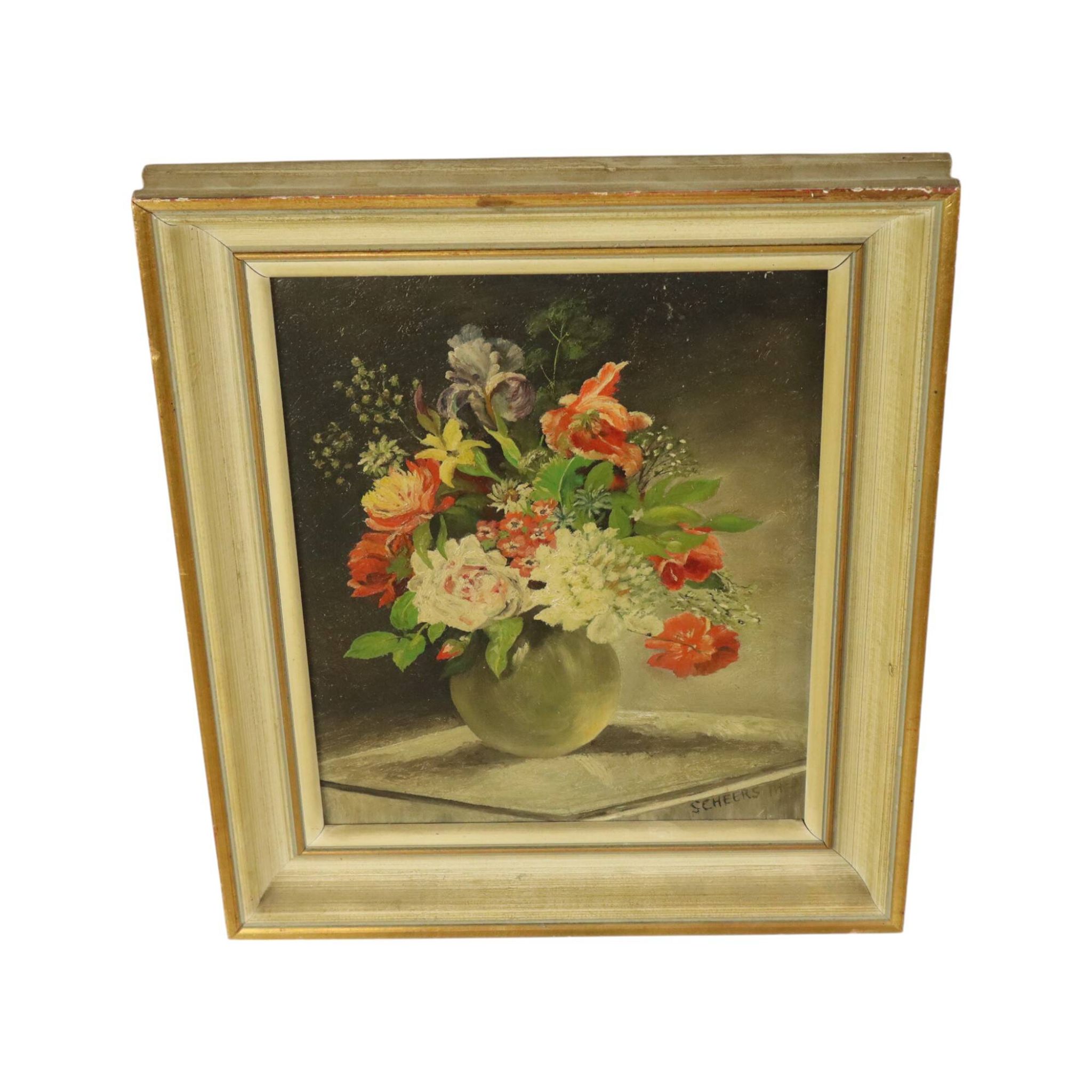 Flowers in Vase Still Life Painting Oil on Canvas Framed Signed