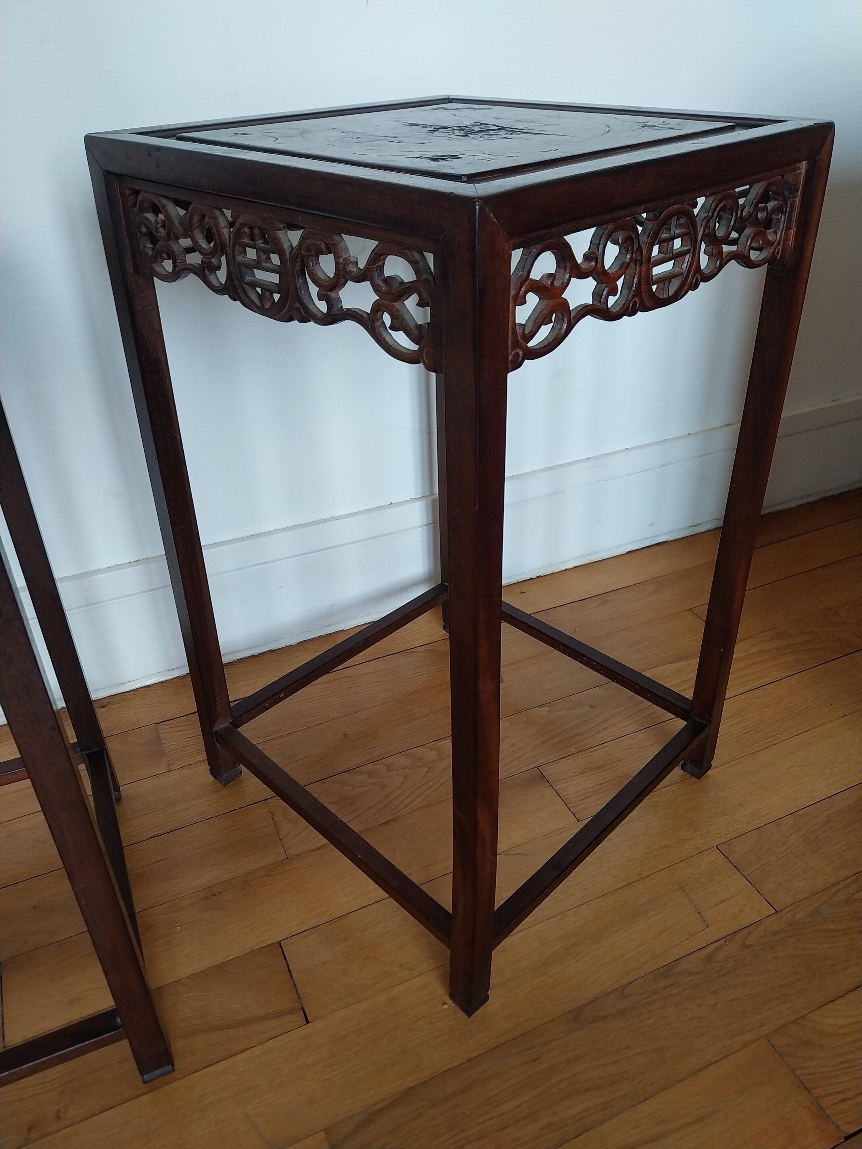 3 Chinese nesting tables in wood and brass.