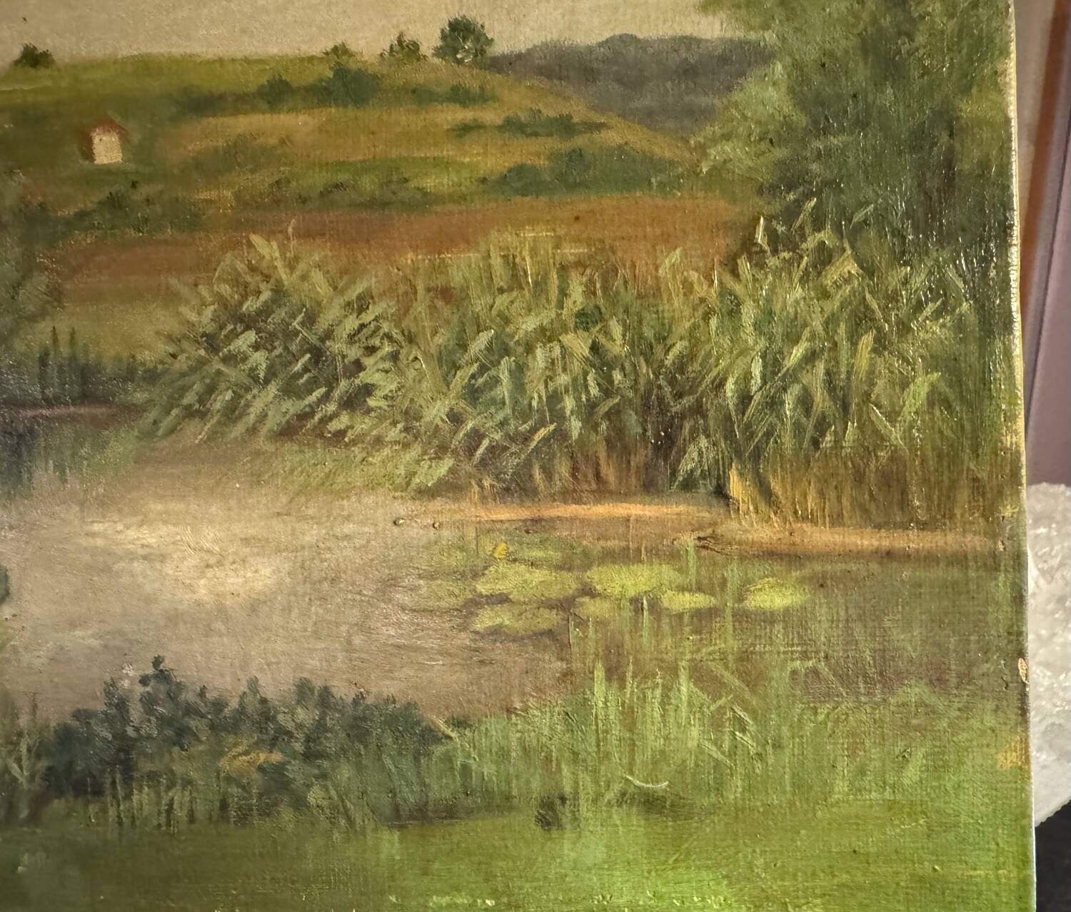 Antique painting, landscape with pond, signed and dated 1895