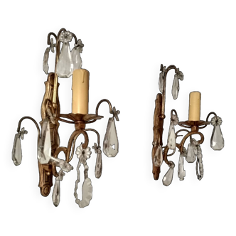 Pair of gilded bronze wall lights - large rococo crystal pendants