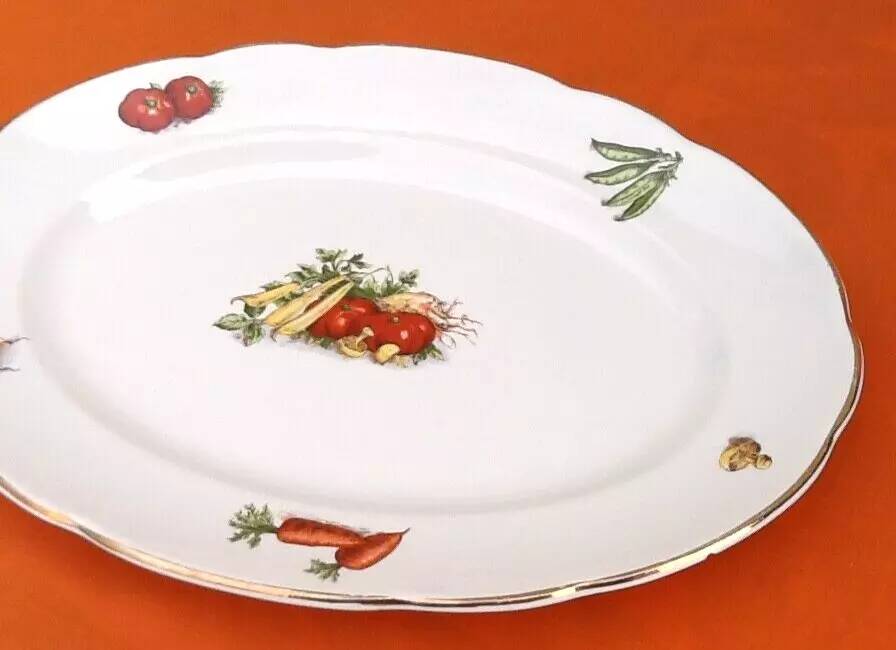 1950s Oval Earthenware Serving Platter with Vegetable Decor