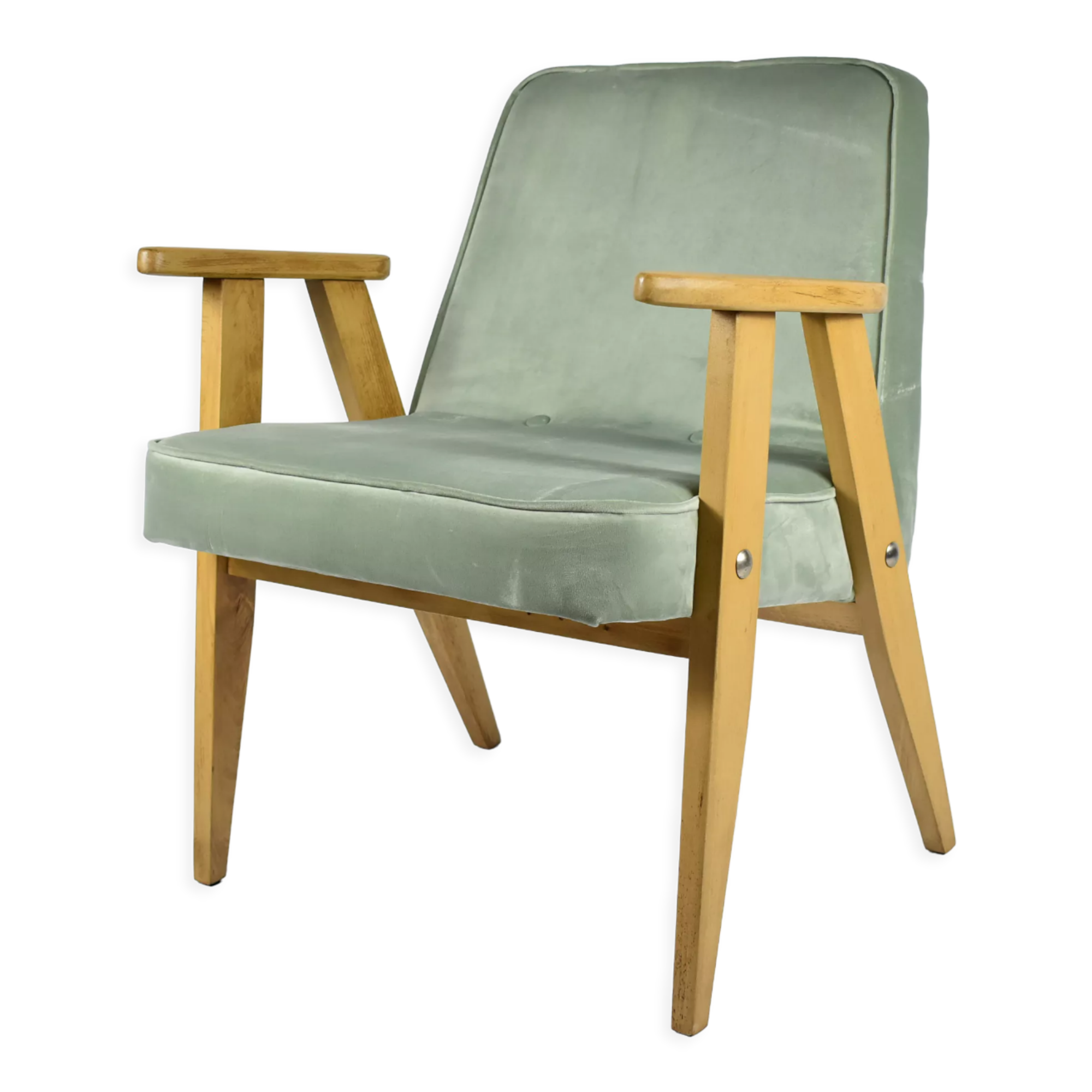 Classic Polish Vintage Armchair, model 366 designed by J. Chierowski, 1960, olive velvet, oak wood