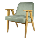 Classic Polish Vintage Armchair, model 366 designed by J. Chierowski, 1960, olive velvet, oak wood