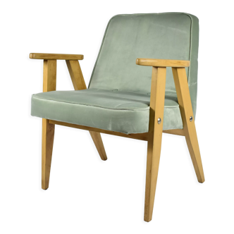 Classic Polish Vintage Armchair, model 366 designed by J. Chierowski, 1960, olive velvet, oak wood