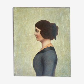 Ancient painting, portrait of a woman in blue dress signed L Debiesse circa 1930