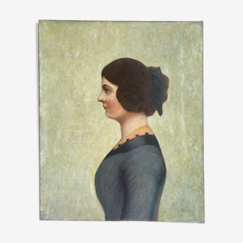 Tableau ancien portrait d’une femme à la robe bleue signé L Debiesse circa 1930