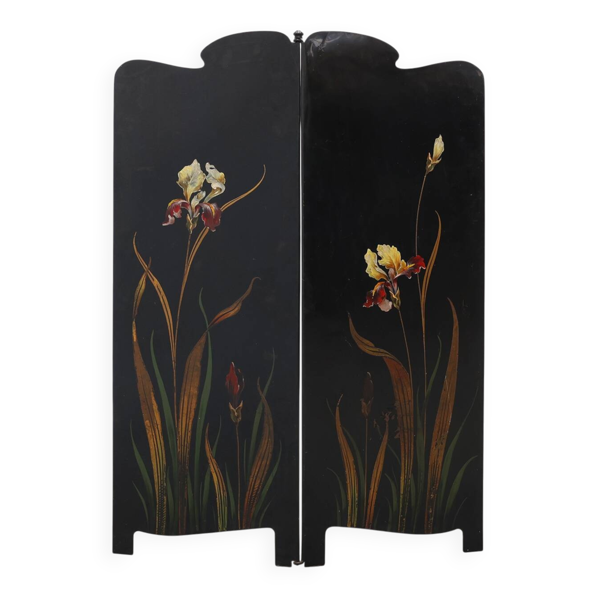 Art Nouveau Black Lacquered Two-Panel Screen with Hand-Painted Irises, Fran
