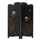 Art Nouveau Black Lacquered Two-Panel Screen with Hand-Painted Irises, Fran