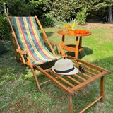 Transat/ chilienne vintage en bois avec repose-pieds — Années 60