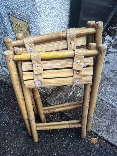Pair of vintage bamboo and wood folding stools – France, 1960s/1970s