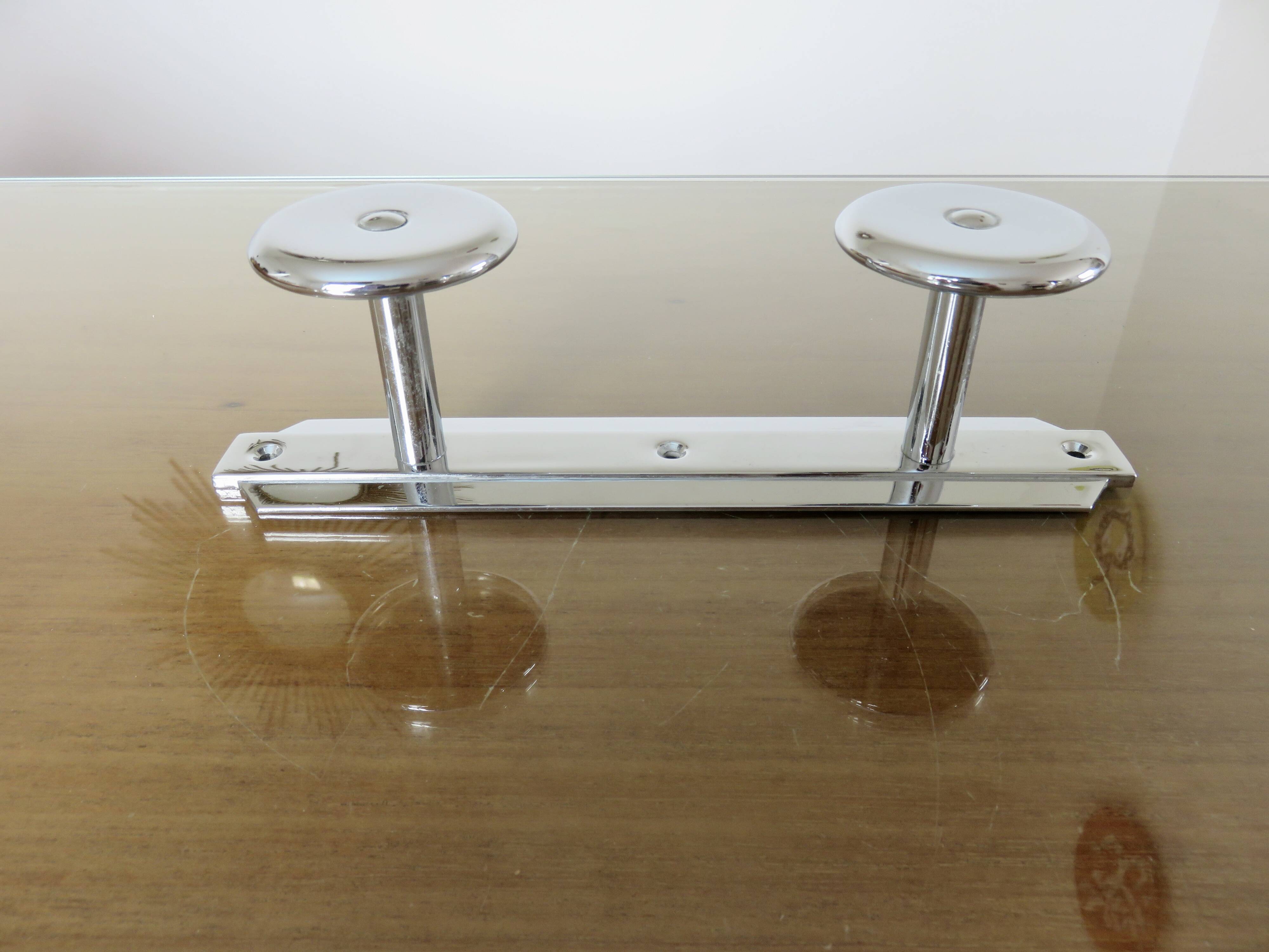 Wall-mounted coat rack in chrome brass, Art Deco, 2 hooks, 1940s 50s