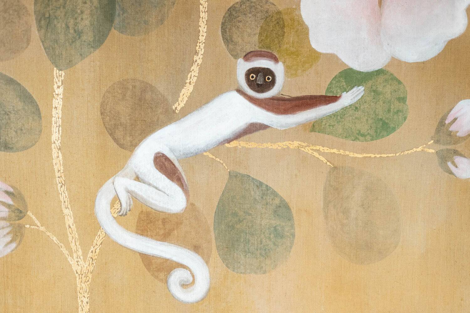 Toile peinte représentant des lémuriens. Travail contemporain.