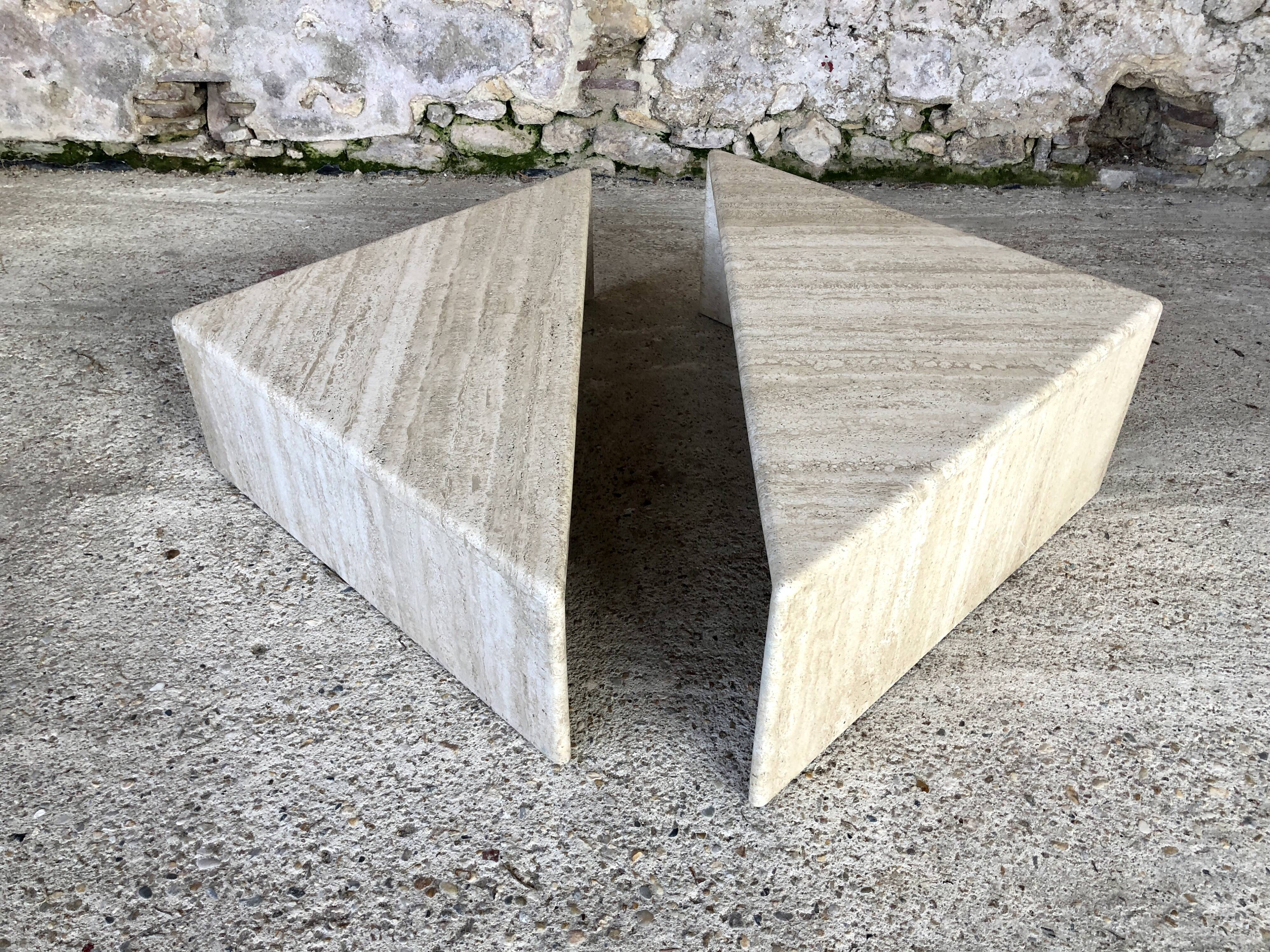 Pair of triangular coffee tables in travertine, Italy circa 70 / 80