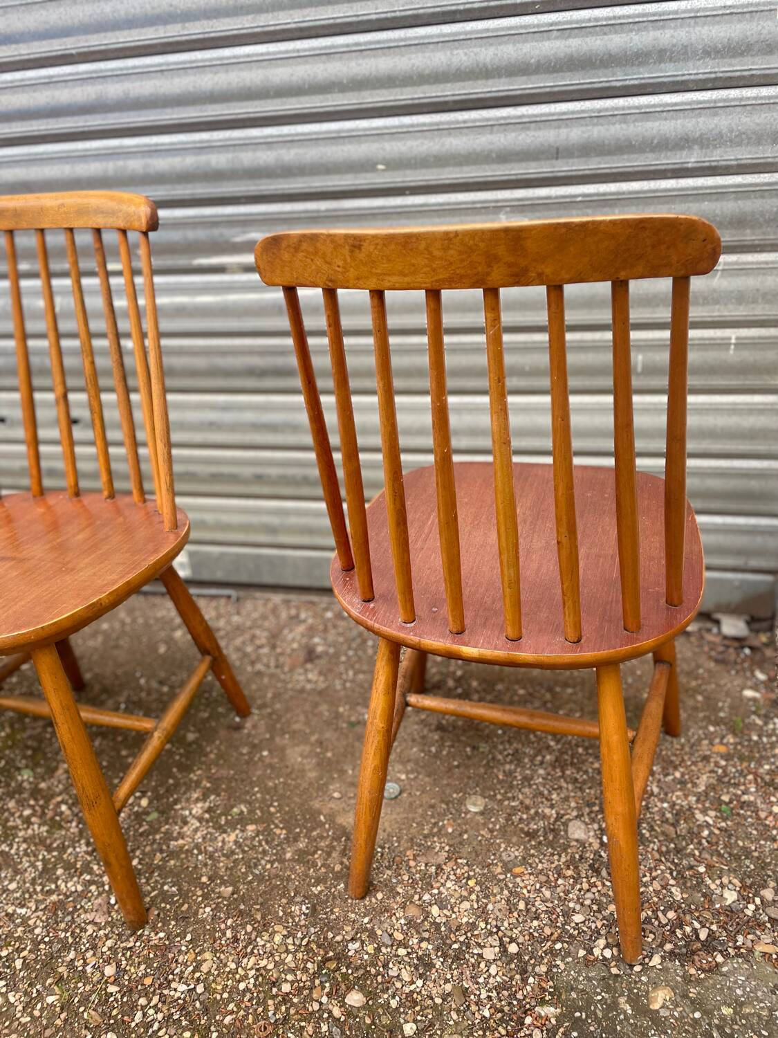Set of 4 vintage beech chairs with teak seat