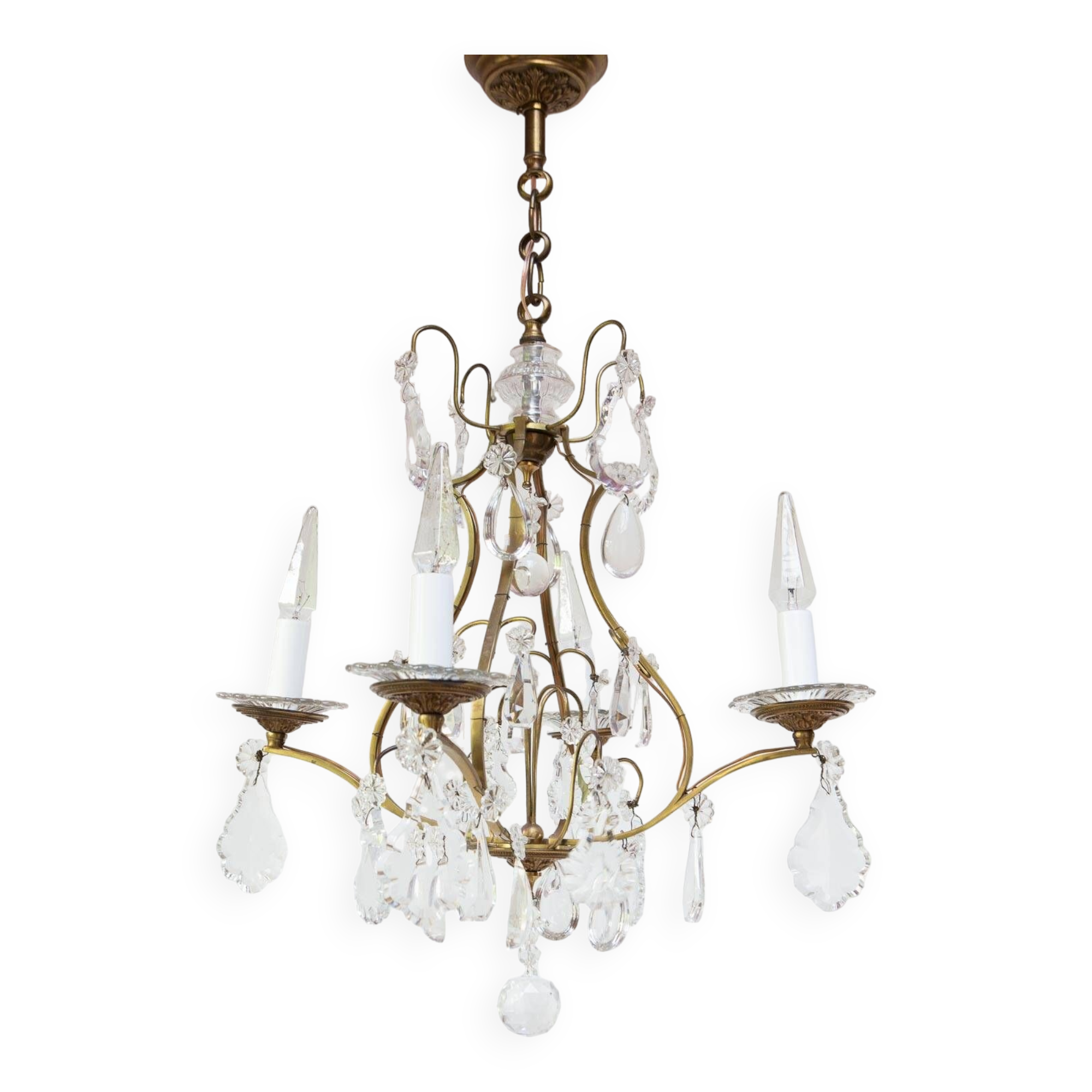 Old French chandelier in gilded brass with tassels