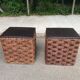 2 Scandinavian poufs in woven brown water hyacinth and leather