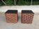 2 Scandinavian poufs in woven brown water hyacinth and leather