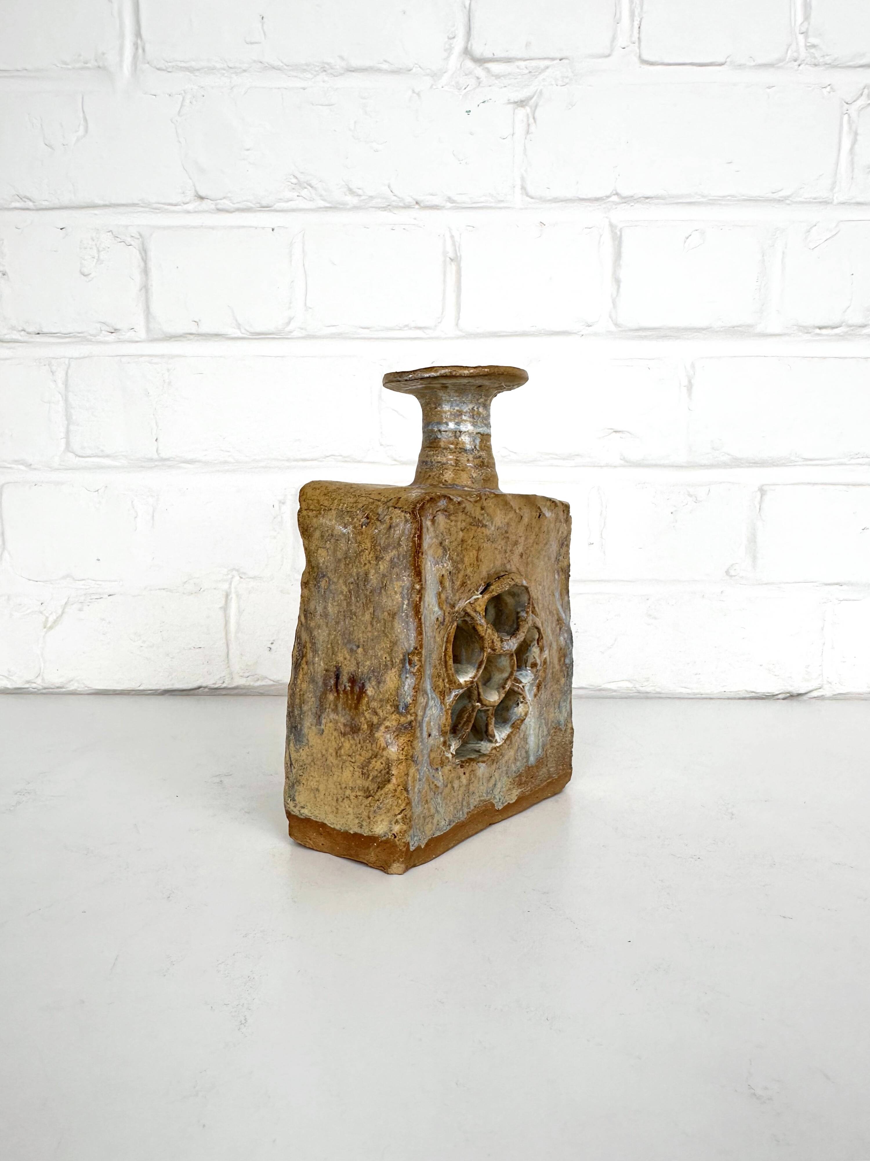 Brutalist stoneware vase with openwork decoration, Denmark, 1970.