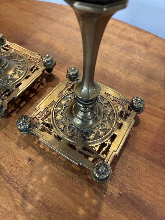 Pair of candlesticks, antique brass, 19th century, signed Prachthauser