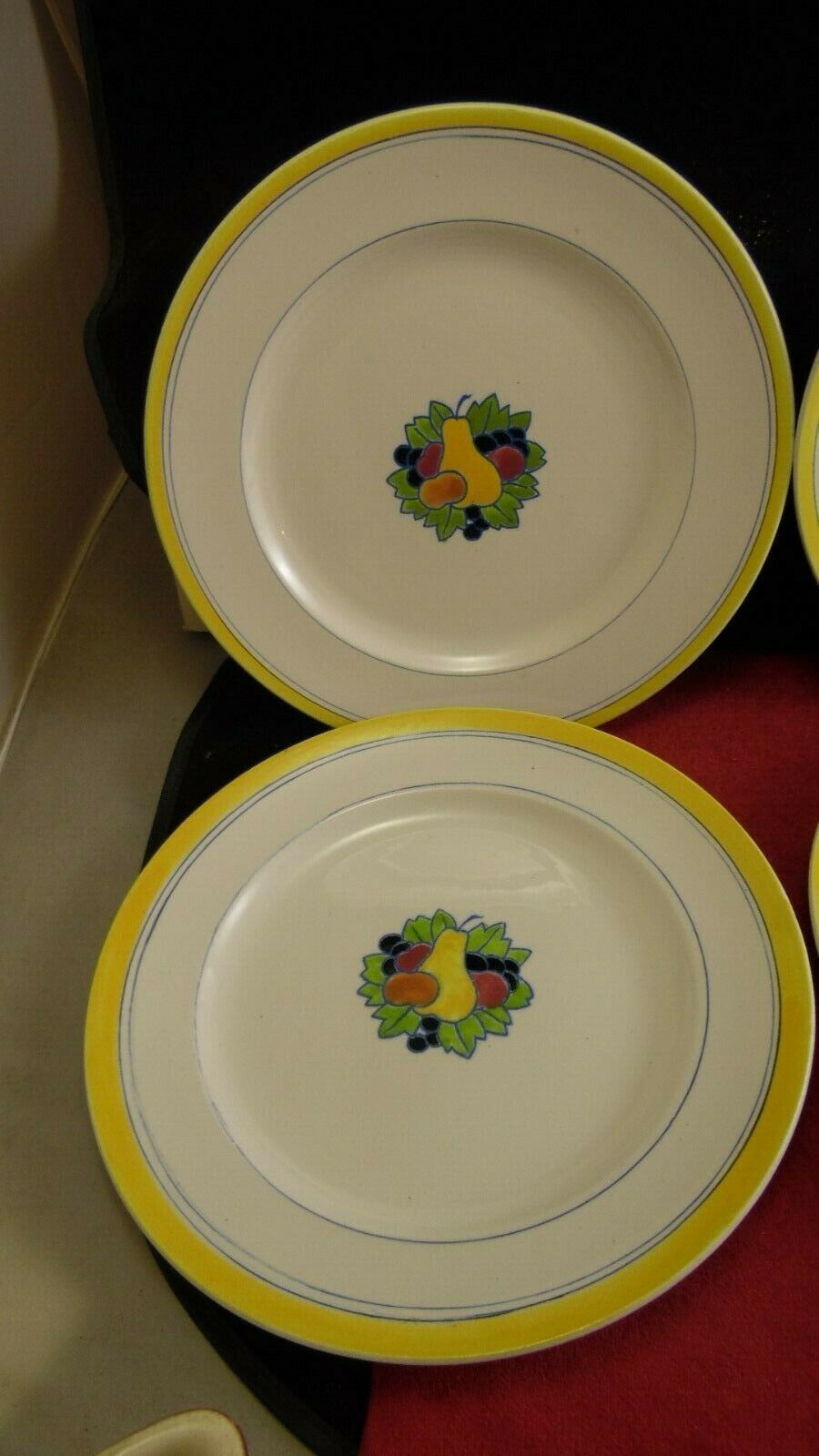 Service 6 flat plates faience Boch La Louvière enamels decoration fruits Art Deco