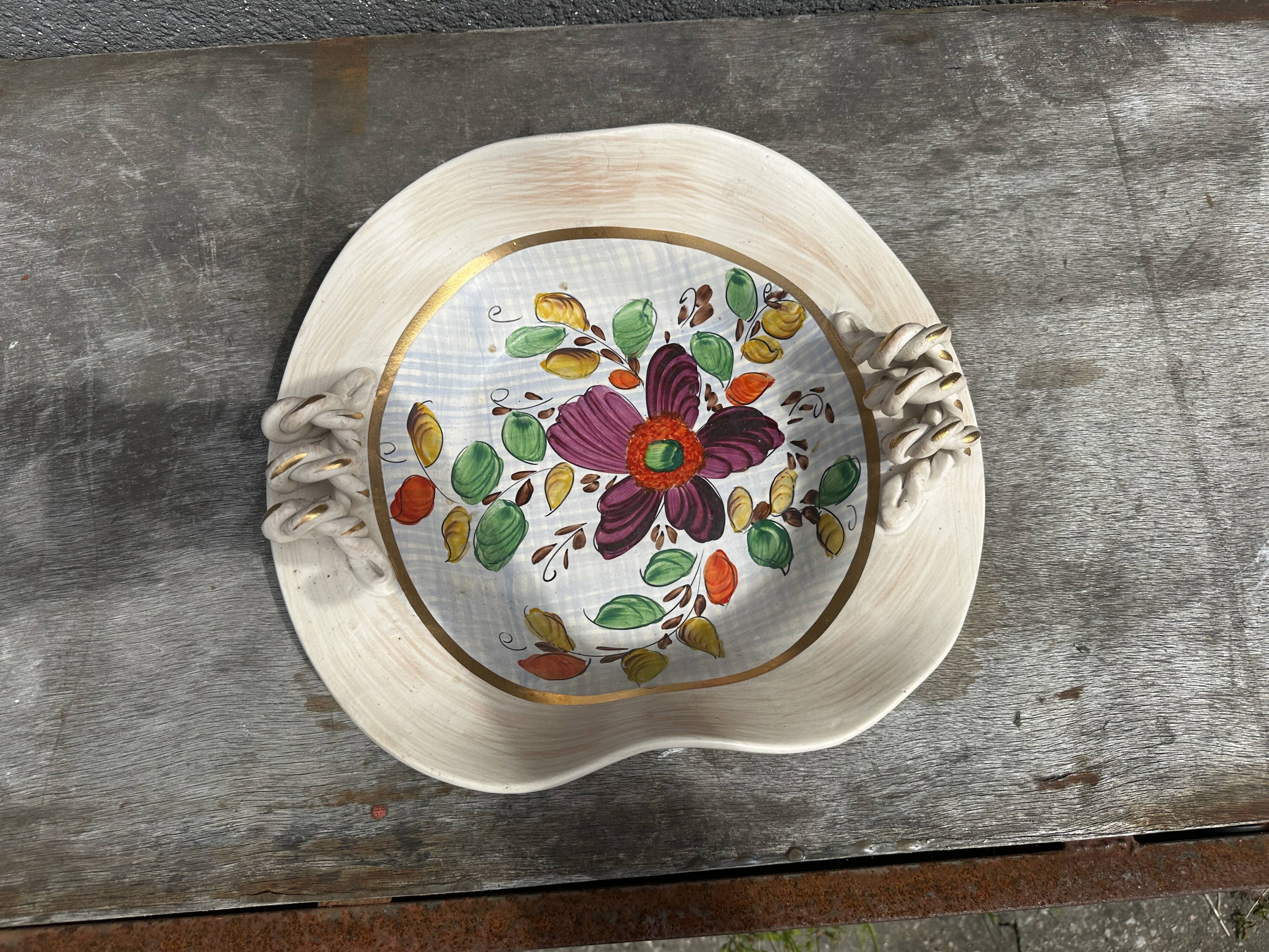 Painted ceramic fruit basket woven by Hubert Becquet, Quaregnon.