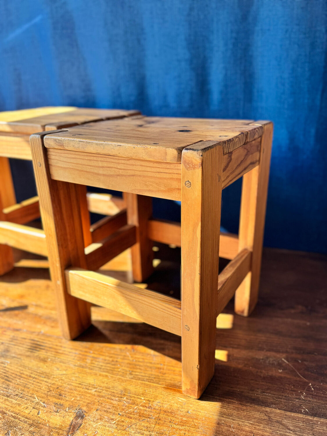 Pair of vintage larch stools, 1960s/70s