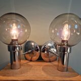 Pair of vintage wall lights in chromed metal and smoked glass, 70s