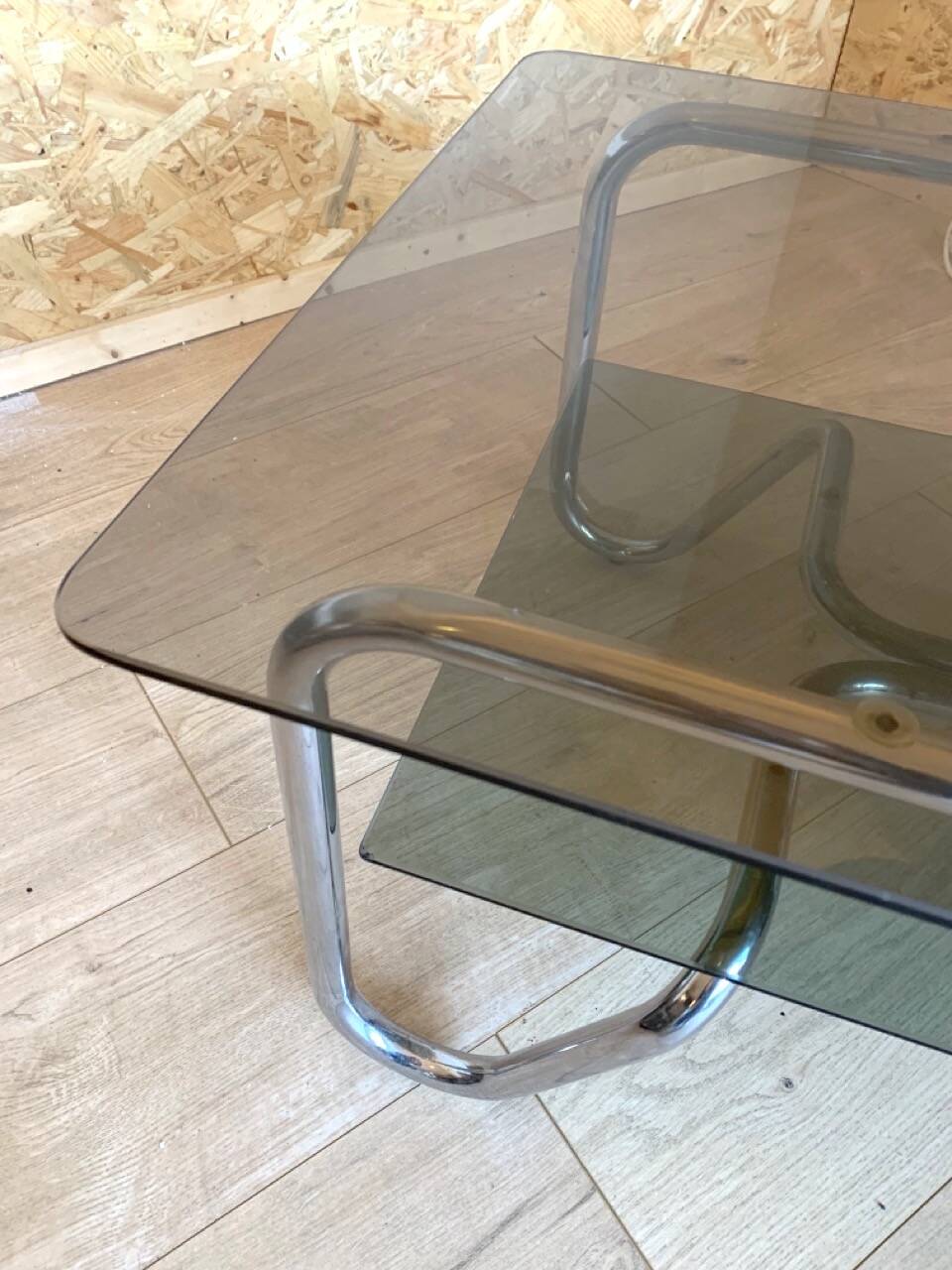 Chrome and smoked glass coffee table in BAUHAUS style.